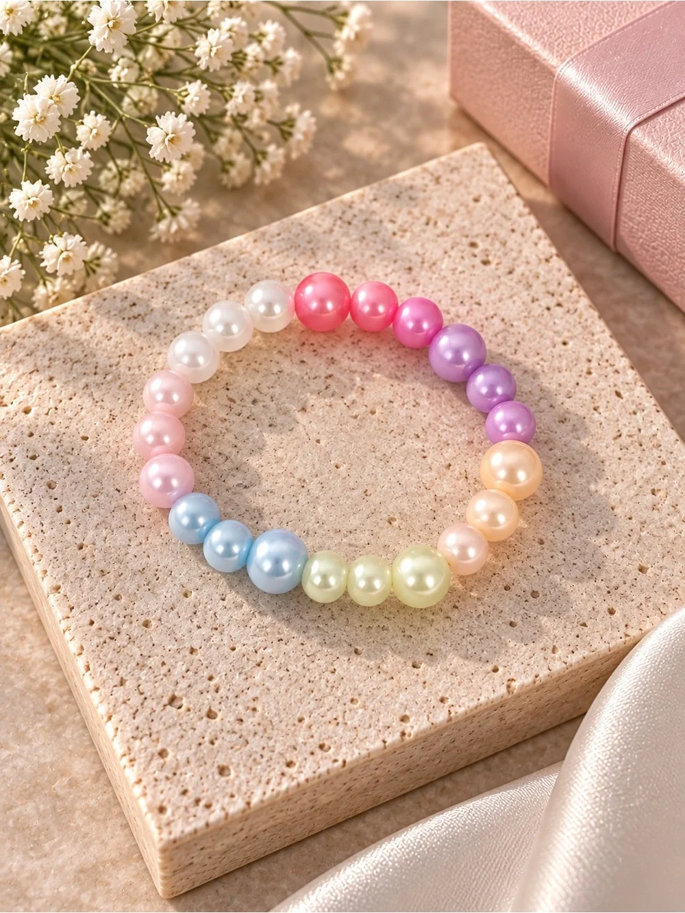 Kids Multicolor Pearl Bead Bracelet - Pastel Rainbow